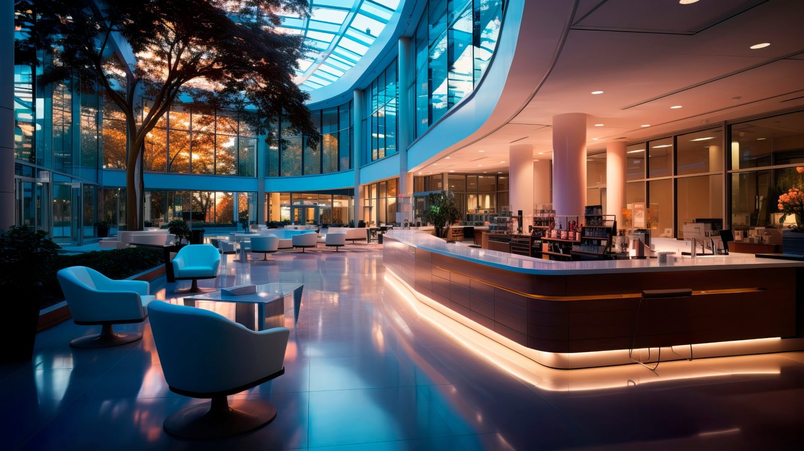 Modern hotel lobby with a glass atrium at dusk